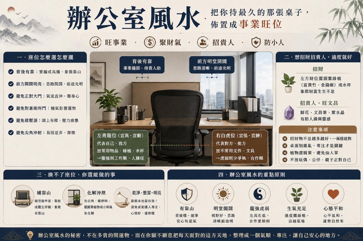 辦公室風水佈局:座位擺放與招財旺事業技巧 辦公室風水佈局示意圖,說明座位背後有靠、前方開闊、左青龍右白虎的擺放原則,以及綠植、水杯與紫水晶等招財佈置方式。