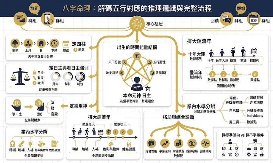八字命理推理系統:解碼五行能量結構與論命流程全指南 一張深夜藍與雅緻金配色、結構化的八字命理資訊圖。畫面中心為日主核心能量樞紐,左側講述五行推理流程(定四柱、日主強弱判斷、扶抑喜用神),右側講述時間推算(大運流年配合、綜合論斷),底部包含性格、事業、財運、健康的綜合論斷分支,以及改運輔助方向Cluster。風格莊嚴、乾淨且學術,無重複佈局結構。圖文咬合,完美結合文章內容。