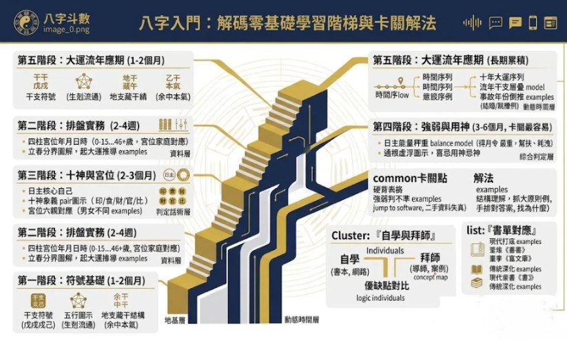 八字入門:解碼零基礎學習階梯與卡關解法全景圖 一張深夜藍與雅緻金配色、結構化的資訊圖表。畫面中心為巨大的上升知識階梯結構,左側講述符號基礎、排盤、十神與宮位的地基層與資料層,右側講述卡關點、解法(綜合判定流程)、書單對應(現代打底與傳統深化)、自學拜師分支與紫微對比。整體風格權威、學術且值得信賴,無重複佈局結構。圖文咬合,完美結合文章內容。