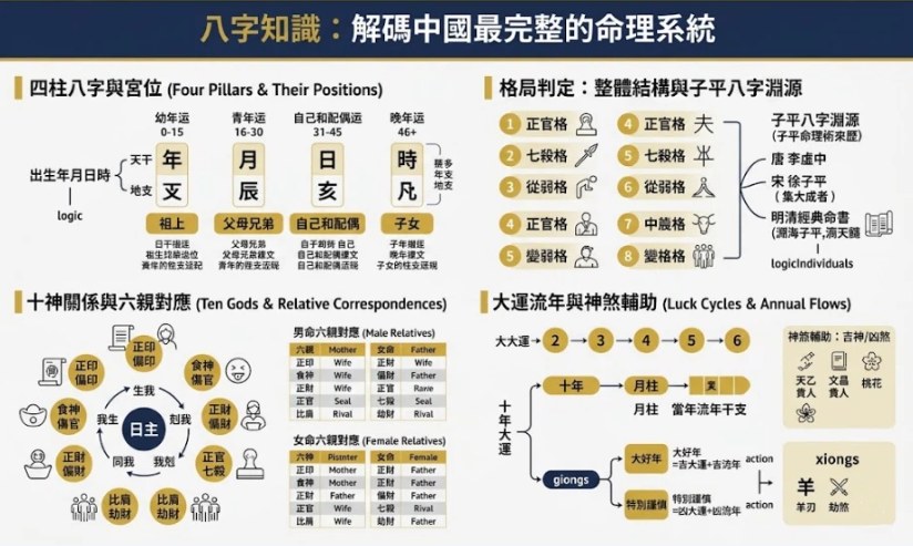 八字知識:解碼中國最完整的命理系統全景圖 一張結構化的專業八字命理資訊圖表,配色為深藍、金和白。主體分為四個主要區塊:「四柱八字與宮位」時間軸、「十神關係與六親對應」(包含男女命對比)、以及右側的「大運流年應期」和「格局判定:整體結構與子平八字淵源」。整體風格權威、嚴謹、簡約,無雜亂的網格,清晰地展示了八字命理學的精密推理系統。