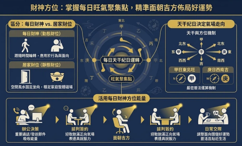 財神方位:掌握每日旺氣聚集點,精準面朝吉方佈局好運勢 一張專業權威、深藍金色調結構化資訊圖表,清楚區分每日動態財神方位(行為/面向,隨時間流動)與居家固定明財位(空間/擺設)。展示每日財神是由天干紀日決定(如甲日東北旺,庚日西南吉),並圖解活用方法為重要通話、談判時面朝吉方,迎取飽滿正向能量。包含天干符號、方位高亮羅盤、和應用場景圖解。