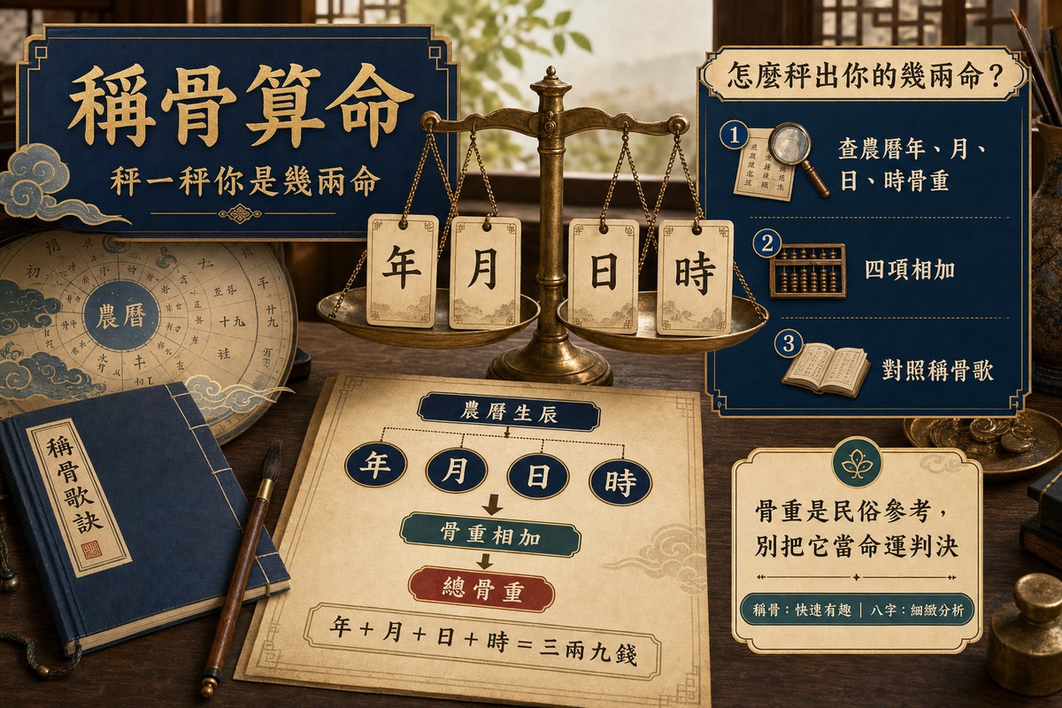 稱骨算命|秤一秤你是幾兩命,讀懂袁天罡的簡易看命法 以傳統銅秤呈現農曆年、月、日、時的骨重相加流程,說明如何得出總骨重並對照稱骨歌,並提醒骨重僅為民俗參考。