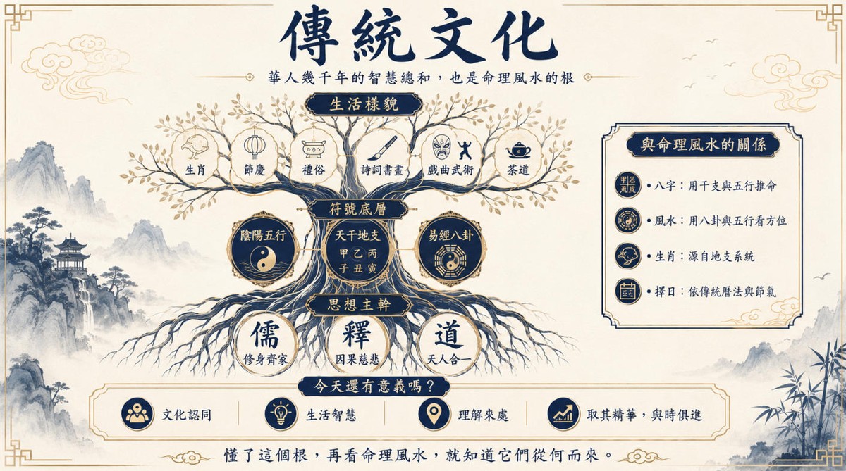 傳統文化的思想根源與命理風水關係 傳統文化脈絡示意圖,介紹陰陽五行、天干地支、易經八卦與儒釋道思想,並說明生肖、節慶、禮俗、詩詞書畫及命理風水之間的關係。