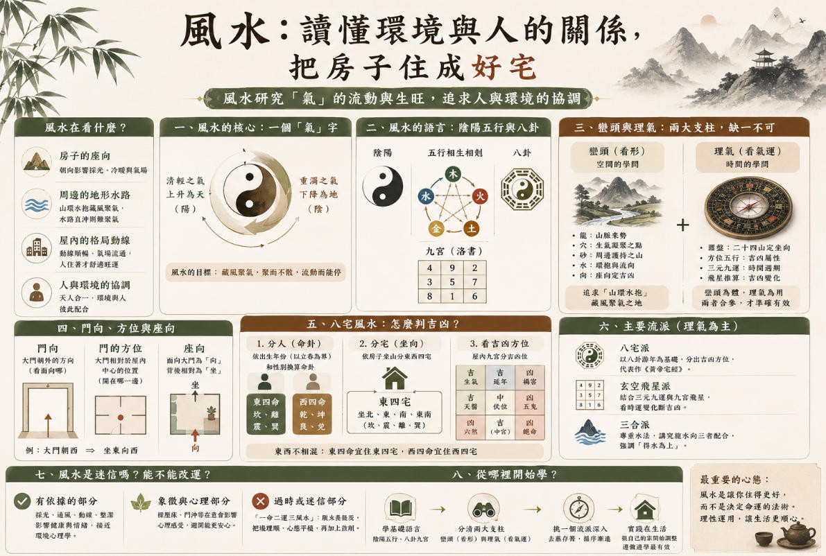 風水入門解析:陰陽五行、巒頭理氣與住宅方位 風水基礎知識圖,說明氣的流動、陰陽五行與八卦原理,並介紹巒頭理氣、住宅門向座向、八宅吉凶及常見風水流派。