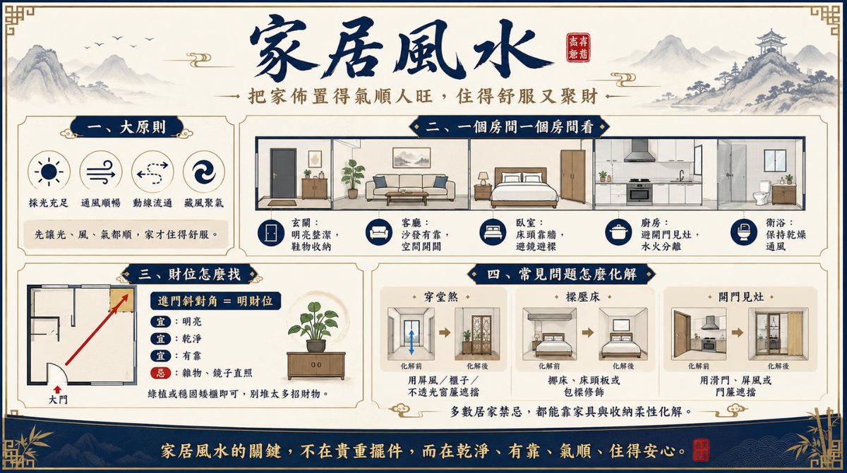 家居風水佈局指南:玄關、客廳、臥室與財位 家居風水佈局示意圖,介紹採光、通風、動線與藏風聚氣原則,並說明玄關、客廳、臥室、廚房、衛浴及財位的擺放與常見問題化解方法。