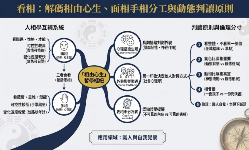 一張深藍與雅緻金配色、結構化的看相資訊圖表。畫面中心為相由心生樞紐，左側講述面相與手相的外顯與內隱分工，右側講述判讀原則（氣色重於骨相、相會隨心境改變）與倫理分寸，底部包含識人用途與八字分工。風格莊嚴、乾淨且學術，無重複佈局結構。