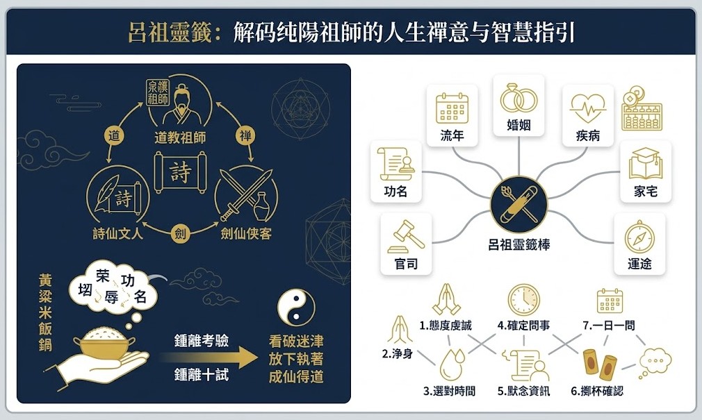 呂祖靈籤:解碼純陽祖師的人生禪意與智慧指引 一張專業資訊圖表網頁資產,嚴格遵循深藍、金、白和灰的色調。頂部藍色橫幅帶有金色標題。主體為垂直分割流動的紀念碑式佈局。左側為呂祖三重身分和黃粱一夢成道典故的複雜流動圖解,右側為一百支籤詩的九大問卜面向(流年,婚姻,疾病,求財,功名,學業,官司,家宅,運途)的簡約圖示和簡化的求籤規範八步驟流程圖,整體風格莊嚴、乾淨且學術可信,完全沒有重複先前的佈局。