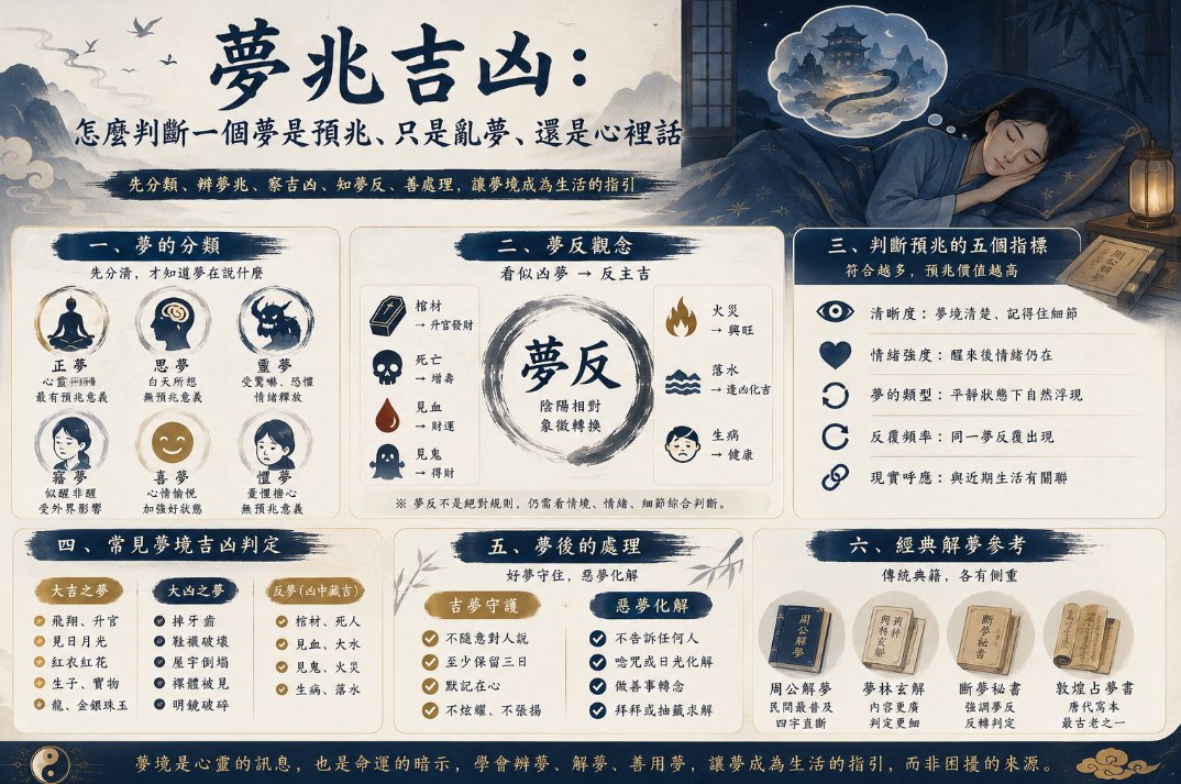 夢兆吉凶解析:分辨預兆、亂夢與心理訊息 夢兆吉凶判斷圖,介紹正夢、思夢、靈夢、噩夢與喜夢等類型,並從夢反現象、夢境清晰度、情緒強度、重複頻率和現實呼應分析夢境含義。