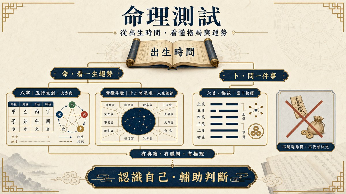 從出生時間看懂格局與運勢 命理測試圖解:從出生時間區分「命」(八字看五行生剋、紫微斗數看十二宮星曜,推一生趨勢)與「卜」(六爻、梅花易數,問當下一件事),核心是有典籍、有邏輯、有推理,用來認識自己、輔助判斷。