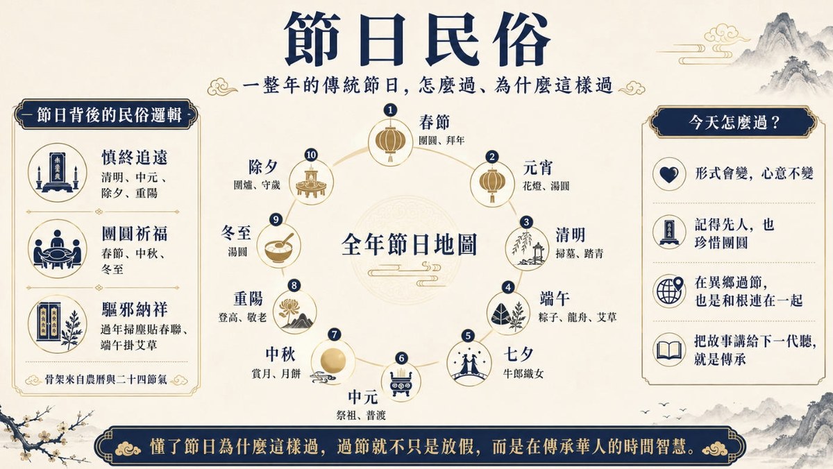 節日民俗圖解:全年傳統節日與文化習俗 節日民俗全年地圖,介紹春節、元宵、清明、端午、七夕、中元、中秋、重陽、冬至與除夕的傳統習俗及文化意義。