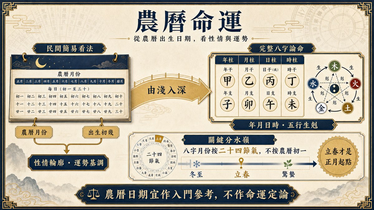 農曆命運|從出生日期看性情與運勢 農曆命運圖解:左側是按農曆月份和出生初幾論命的民間簡易看法,右側是完整八字的四柱五行生剋論命,並點出八字月份按二十四節氣劃分、立春才是正月起點,強調農曆日期宜作入門參考、不作命運定論。