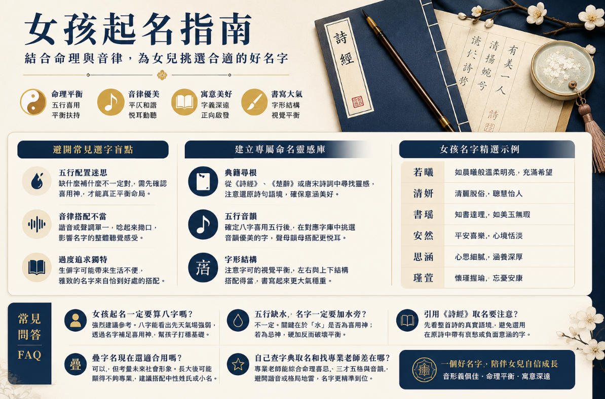 女孩起名指南:結合命理、音律與寓意挑選好名字 女孩起名指南圖解,介紹以生辰八字、五行喜用、音律搭配、字義寓意與字形結構,為女兒挑選合適名字的方法及常見誤區。