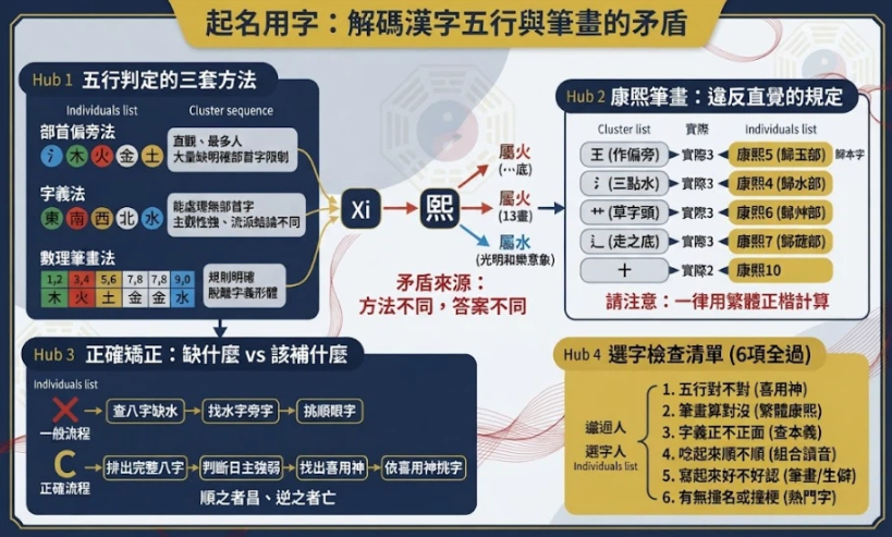起名用字:漢字五行與筆畫判定全解 這是一幅結構化的漢字起名資訊圖,嚴格遵循深藍、金色和白色的配色。圖表的核心是一個診斷圖,展示了漢字「熙」如何根據三種不同的判斷方法(部首、字義和數理)被賦予不同的五行屬性(水、火)。分支節點詳細闡述了這三種方法,提供了實際筆畫數與康熙筆畫數的對比表,說明了基於“吉神”和“缺五”選擇漢字的正確與錯誤方法,並提供了一個六點選擇清單。整體設計權威且具有教育意義。