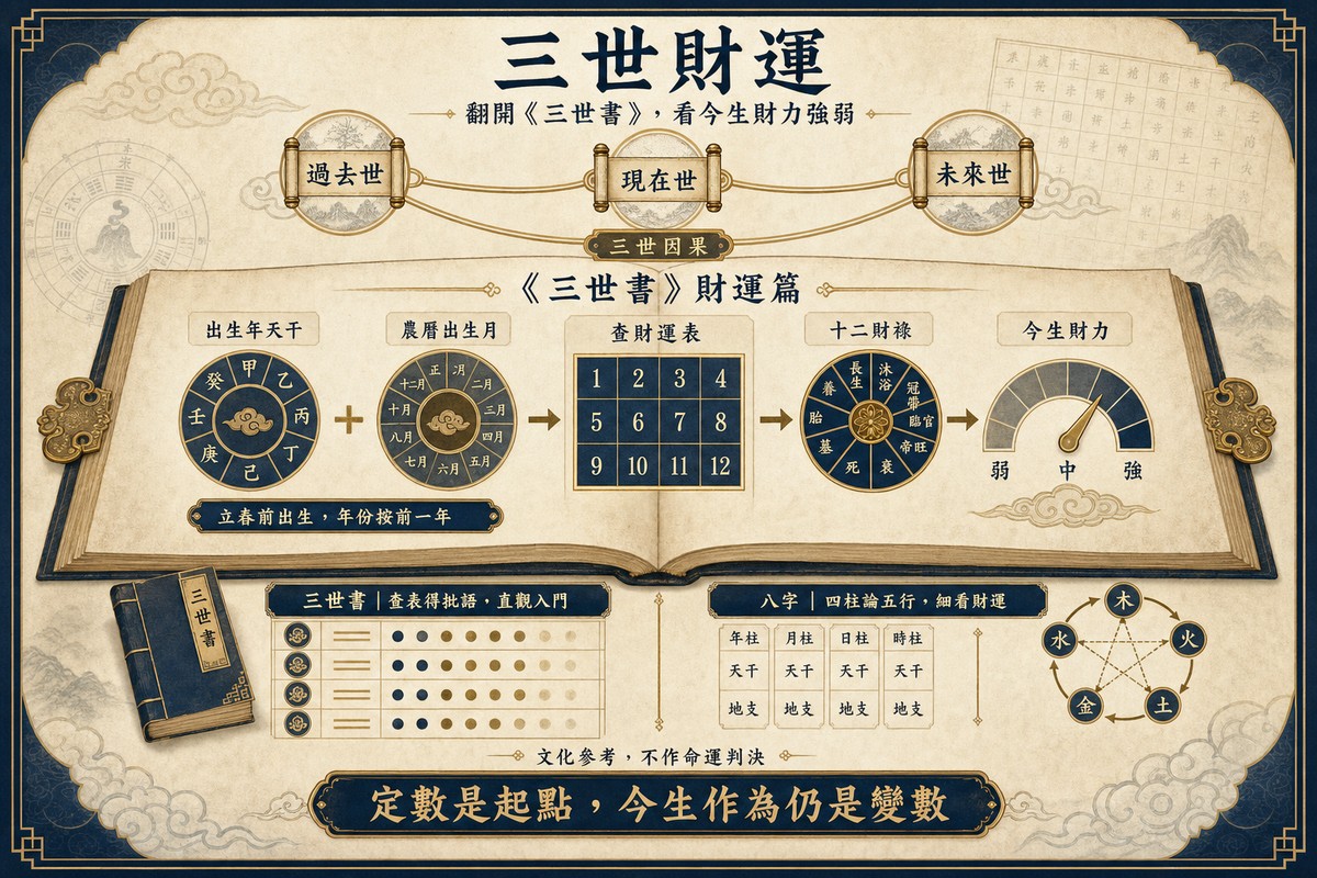 翻開《三世書》看今生財力強弱 三世財運圖解,以出生年天干配合農曆出生月查詢十二財祿和今生財力,並對比三世書查表法與八字四柱財運分析。