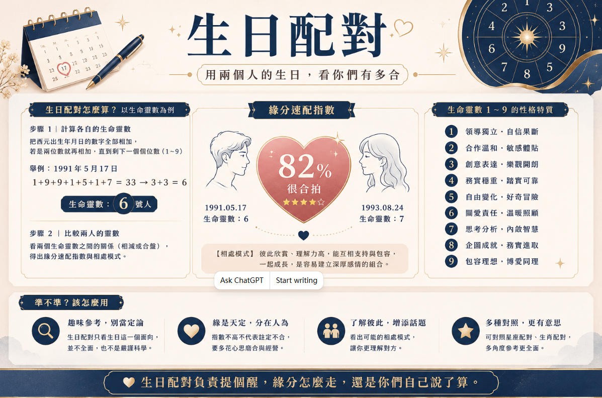 生日配對測算示意圖，透過兩人的出生年月日計算生命靈數，分析性格特質、相處模式與緣分速配指數。