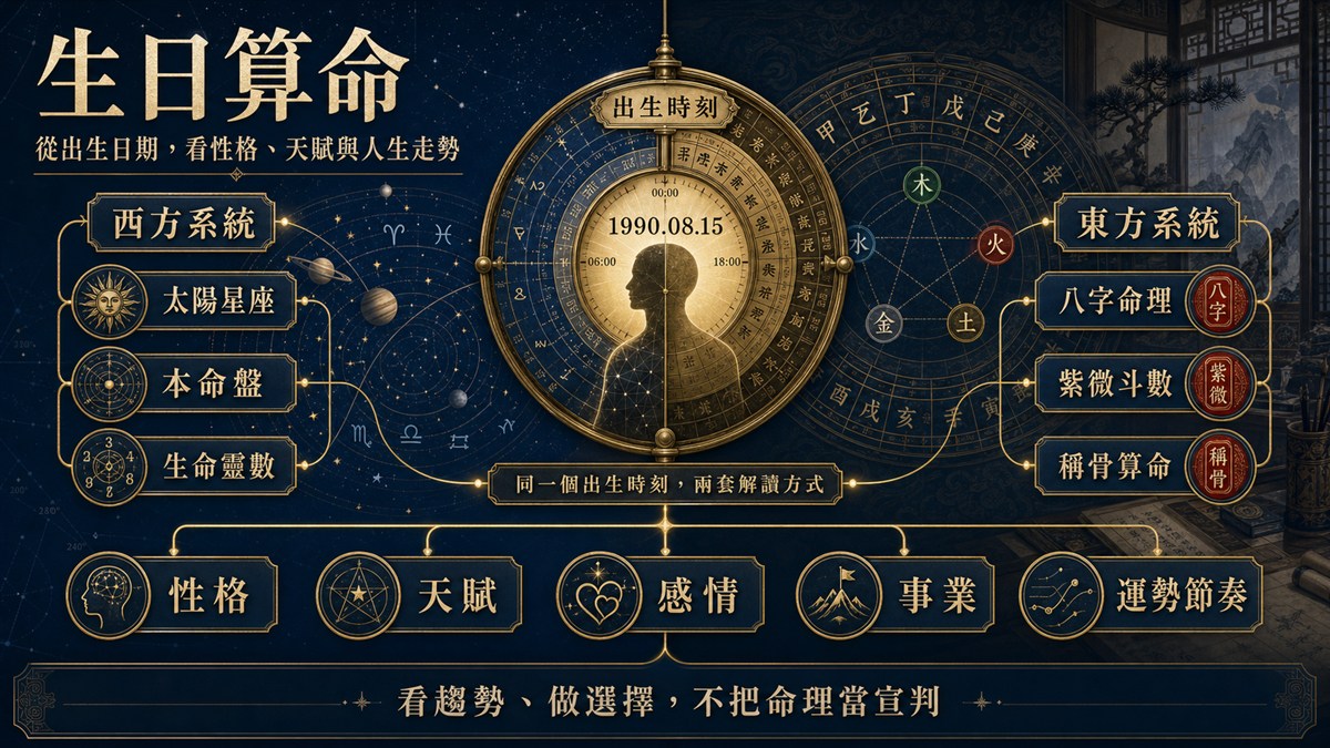 生日算命:從出生日期看性格、天賦與人生走勢,東西方命理系統對照解析 生日算命東西方系統對照圖表,中央以出生時刻儀表為核心,左側展示西方系統(太陽星座、本命盤、生命靈數),右側展示東方系統(八字命理、紫微斗數、稱骨算命),底部列出性格、天賦、感情、事業與運勢節奏等解析維度。