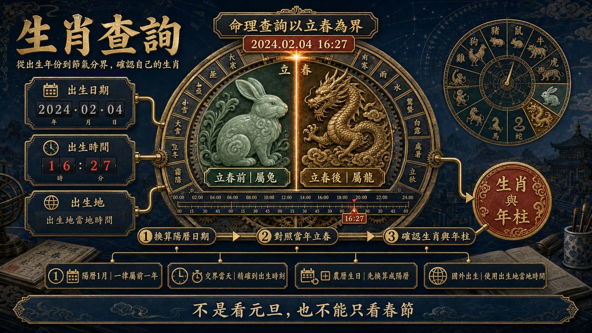 生肖查詢流程圖表，中央以「立春」為界示範兔年與龍年交接，左側包含出生日期、時間與地點輸入框，下方列出「換算陽曆日期、對照當年立春、確認生肖與年柱」的查詢步驟，強調命理生肖查詢以立春為準。