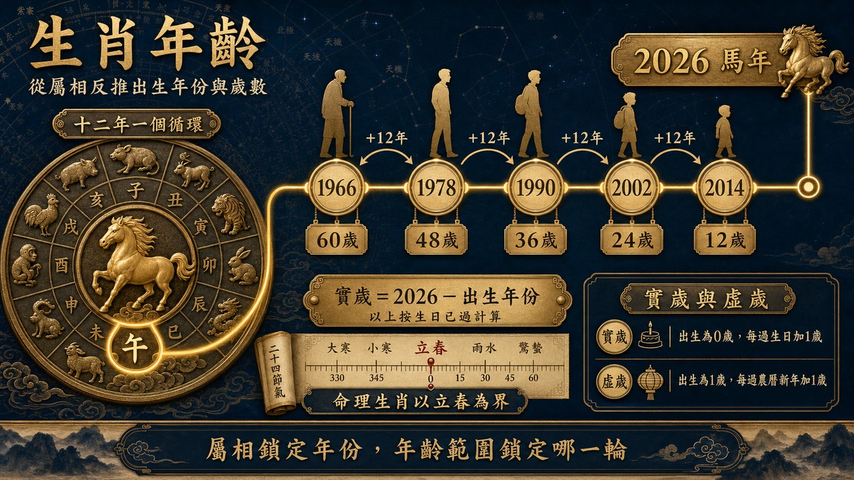 生肖查詢:從出生年份到節氣分界,精確確認自己的真實生肖 生肖查詢流程圖表,中央以「立春」為界示範兔年與龍年交接,左側包含出生日期、時間與地點輸入框,下方列出「換算陽曆日期、對照當年立春、確認生肖與年柱」的查詢步驟,強調命理生肖查詢以立春為準。