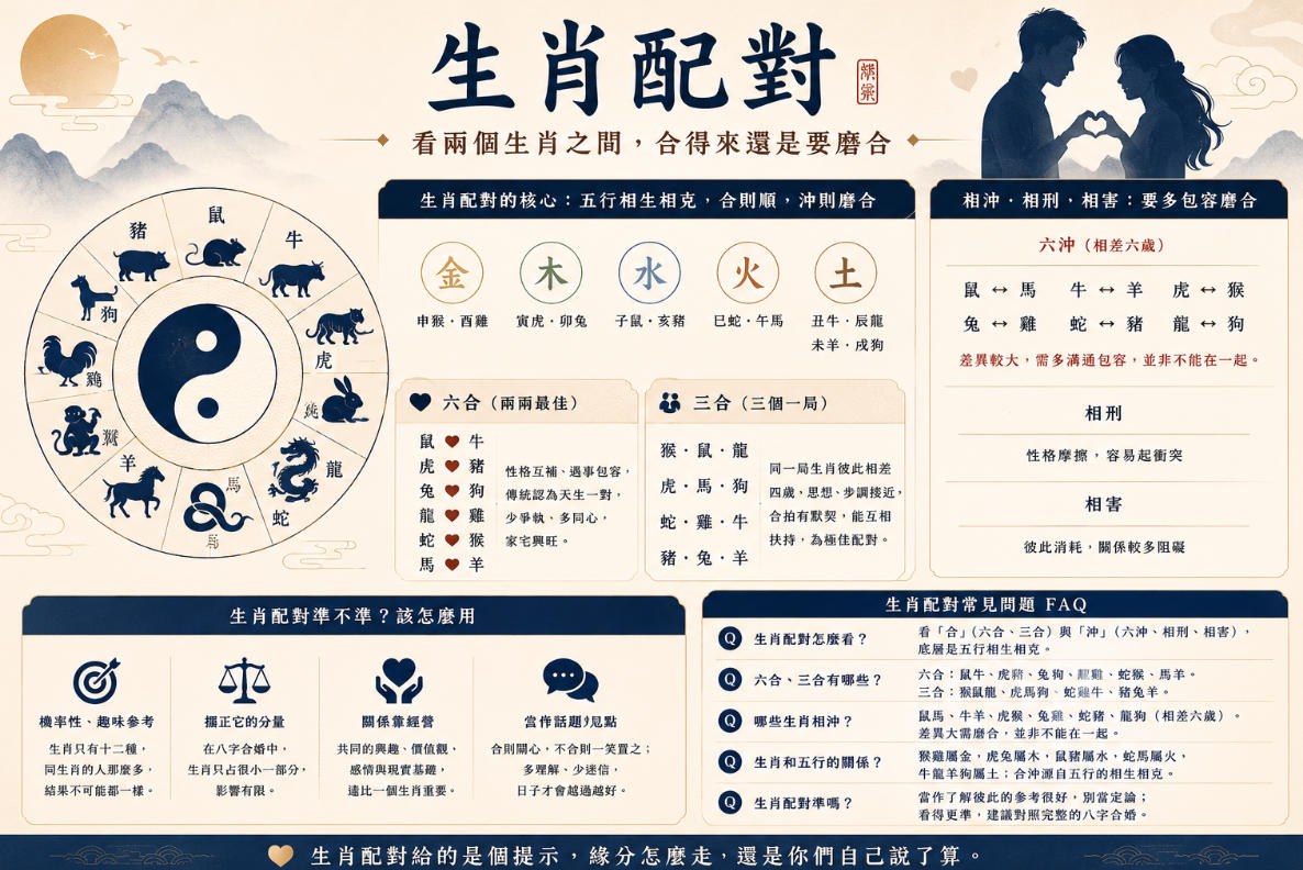 生肖配對解析:十二生肖六合、三合與相沖關係 生肖配對分析圖,整理十二生肖的五行屬性、六合三合、六沖、相刑與相害關係,幫助了解兩人的相處模式與磨合重點。