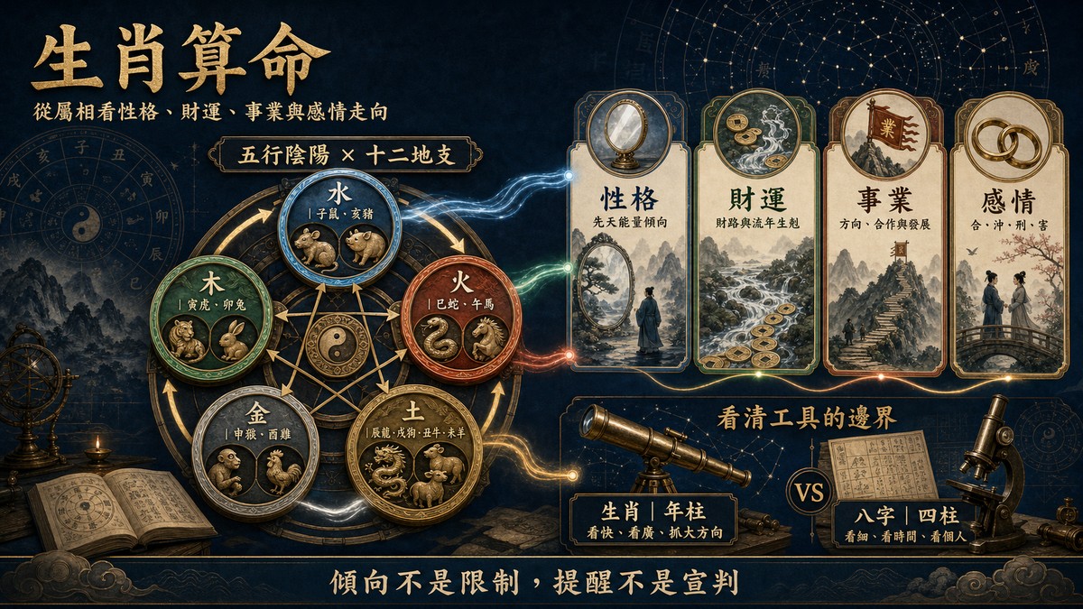 生肖年齡:從屬相反推出生年份與歲數,掌握十二年一輪與實歲虛歲算術 生肖年齡對照圖表,以2026馬年為例,展示十二年一輪的出生年份(1966至2014年)與對應歲數,並解析實歲與虛歲計算方式及立春節氣分界。