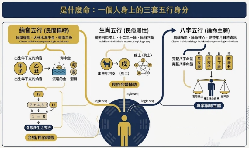 是什麼命?解碼一個人身上的納音、生肖與八字三套五行 一張深藍與雅緻金配色的專業資訊圖表。核心視覺展示了一個人身上同時並存的「納音五行(民間標籤)」、「生肖五行(民俗屬性)」與「八字五行(論命主體)」三套系統,並以「1982大海水」為例做圖解對比,風格莊嚴、簡約且具備高度指引性。