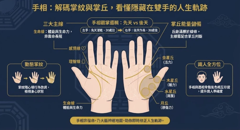 手相解碼:掌紋與掌丘的現代觀掌邏輯與人生軌跡 一張深藍與雅緻金配色的專業資訊圖表,結構化地展示了手相的觀測邏輯。核心為一雙標註了感情線、理智線、生命線及各大掌丘的雙手插圖,詳細對比了先天左手與後天右手的差異,強調掌紋隨心境與行為改變的動態性,並說明主線與掌丘的綜合判斷原則。
