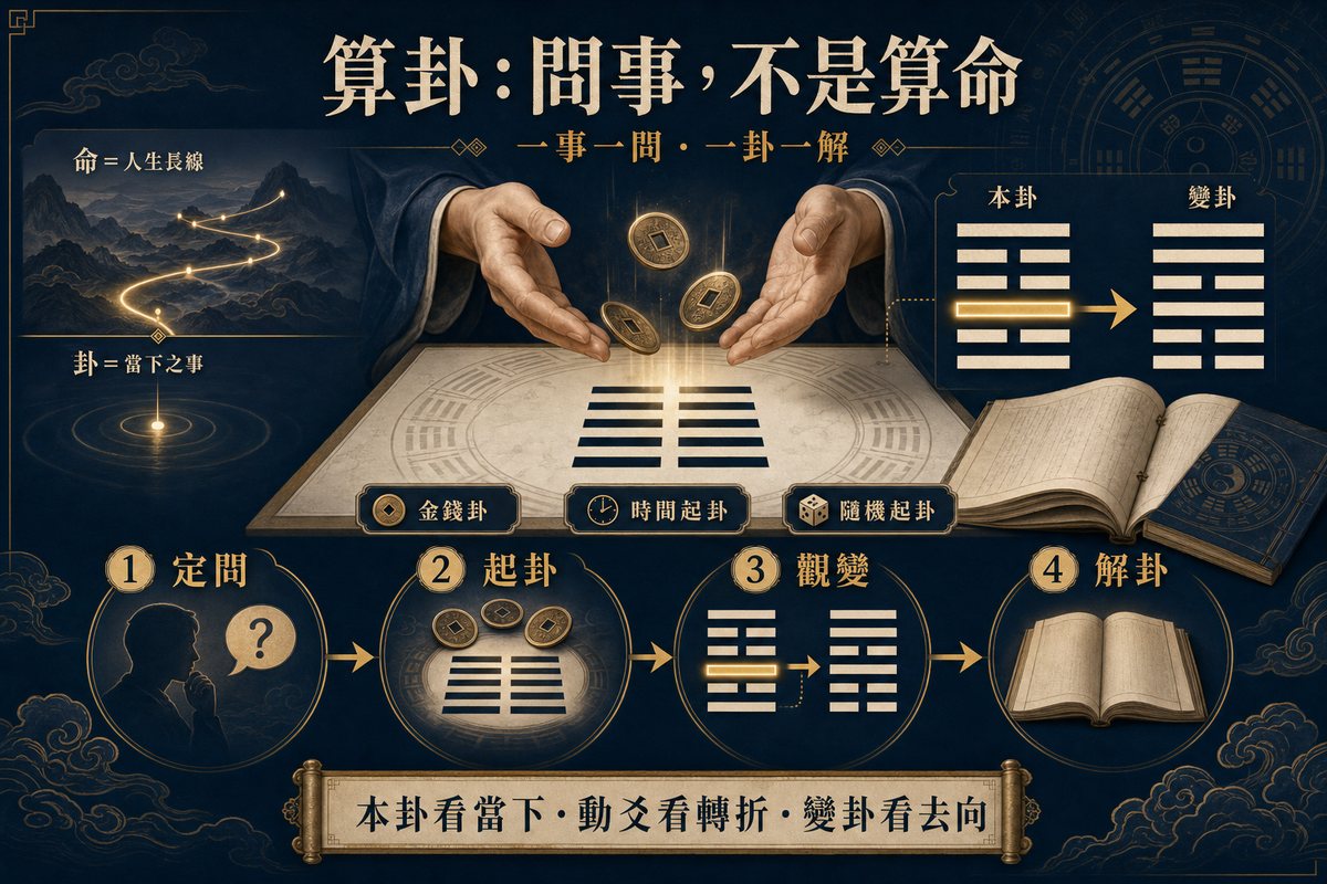 算卦:問事不是算命,一事一問解析本卦、動爻與變卦 算卦原理與流程圖表,左上角區分「命為人生長線,卦為當下之事」,中央展示金錢卦、時間起卦與隨機起卦方式,下方清晰列出「定問、起卦、觀變、解卦」四大步驟,並說明本卦看當下、動爻看轉折、變卦看去向。