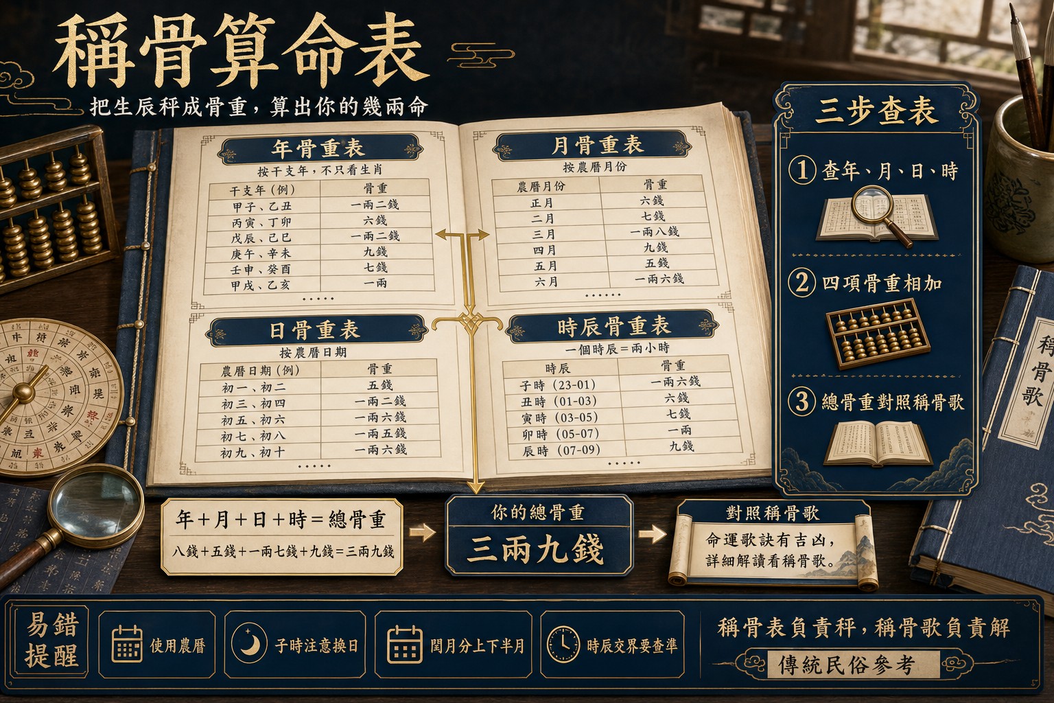 稱骨算命表完整圖解:生辰換算骨重與命運歌訣對照指南 藍金古風稱骨算命表,清晰展示年、月、日、時四項骨重對照表、三步查表步驟與易錯提醒。