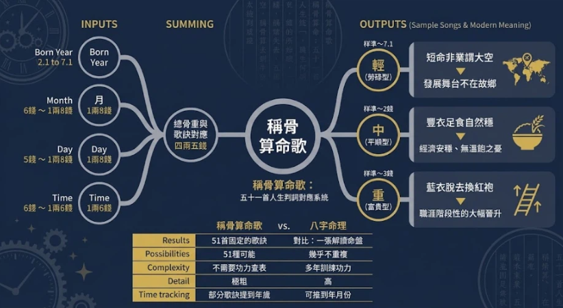 稱骨算命歌:解碼五十一首人生判詞 深藍金色專業資訊圖表,展示稱骨算命歌系統,圖解計算和樣本歌訣現代解讀。