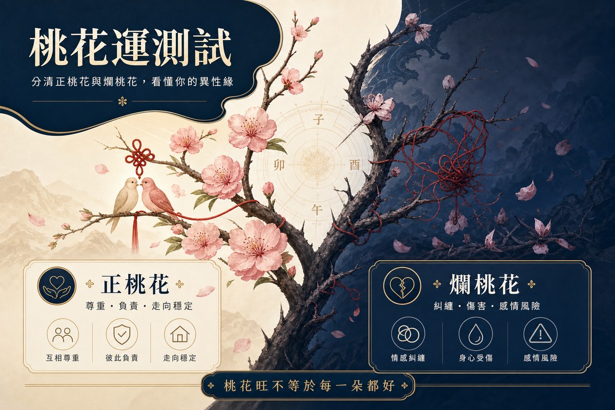 桃花運測試:分清正桃花與爛桃花,看懂你的異性緣 桃花運測試圖:左側盛開的粉色桃花與比翼雙飛鳥代表正桃花(尊重、負責、走向穩定),右側枯枝與亂線代表爛桃花(糾纏、傷害、感情風險),提醒桃花旺不等於每一朵都好。