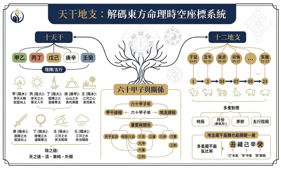 天干地支:解碼東方命理時空座標系統與關係 一張深夜藍與雅緻金配色、結構化的天干地支資訊圖表。畫面中心為時空座標系統樞紐,左側講述十天干質地與意象,右側講述十二地支多重身分與複雜內涵(藏干與有根虛浮),底部包含六十甲子生成與重要合沖關係。風格莊嚴、乾淨且學術,無重複佈局結構。圖文咬合,完美結合文章內容。