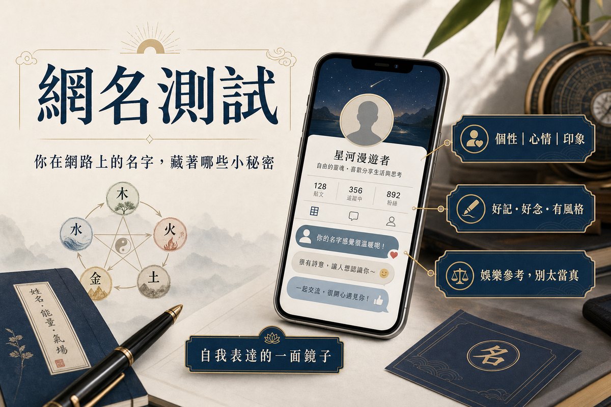 網名測試|你在網路上的名字,藏著哪些小秘密 手機上的個人網名頁面,結合個性、心情、印象與好記好念等取名原則,呈現網名作為自我表達鏡子的概念。