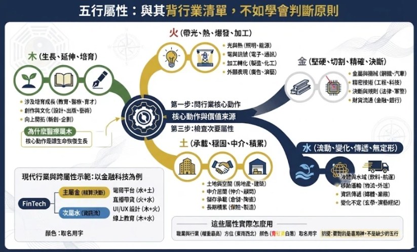 五行屬性:解碼現代行業的動態判斷網絡 一張深藍與雅緻金配色的專業資訊圖表,核心展示了五行行業屬性的判斷原則。畫面中央是一個動態樞紐,將行業的核心動作(如生長、發光、承載、切割、流動)分別歸類至木、火、土、金、水五大系統。圖表特別示範了現代複合行業(如金融科技)的跨屬性判定方式,並在底部簡潔指引職業、方位與顏色的應用,風格清晰且具高度學術指引性。無雜亂清單。圖文咬合。