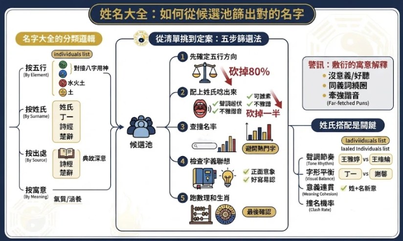 姓名大全:如何從海量候選名字中精選佳名 替代文字:這是一張關於中文寶寶取名的結構化資訊圖,嚴格採用深藏青色、金色與白色的配色。圖表以「五步驟篩選法」為核心,佈局獨具匠心,展示瞭如何根據五行、讀音(與姓氏的搭配)、流行度、寓意及數理等維度,從「候選名字庫」中進行篩選。分支節點詳細列出了分類方法(如按五行、姓氏、來源、寓意分類)以及關鍵考慮因素,例如姓氏搭配、整體平衡感以及規避常用字等。整體設計風格權威且兼具教育意義,文字清晰,各項篩選標準均配有醒目的視覺圖示。