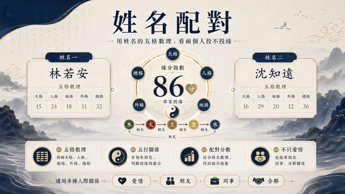 姓名配對五格數理與五行緣分分析 姓名配對測算示意圖,透過兩人姓名的天格、人格、地格、外格、總格及五行關係,分析愛情、朋友、同事與合夥緣分指數。