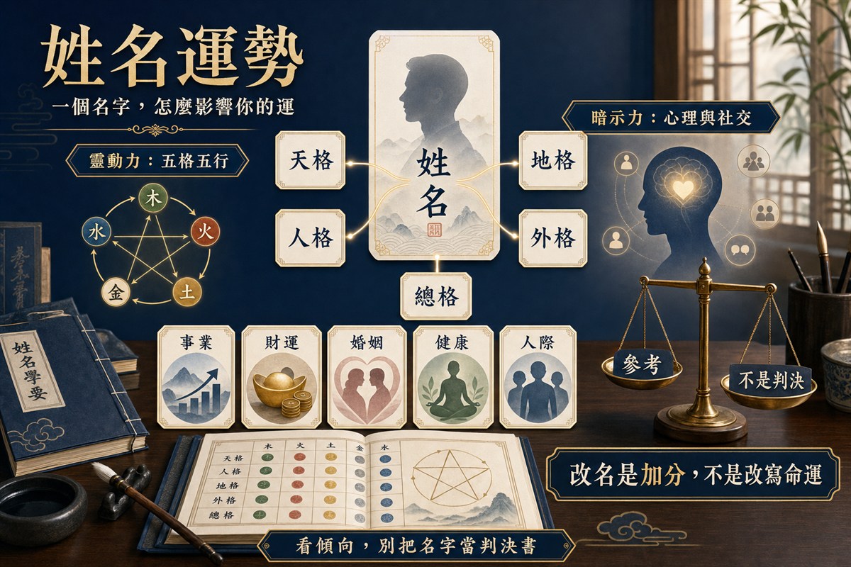 姓名運勢|一個名字,怎麼影響你的運 以姓名卡、五格五行圖、事業財運婚姻健康人際等人生面向,呈現名字的靈動力與暗示力,以及改名只是加分而非改寫命運。
