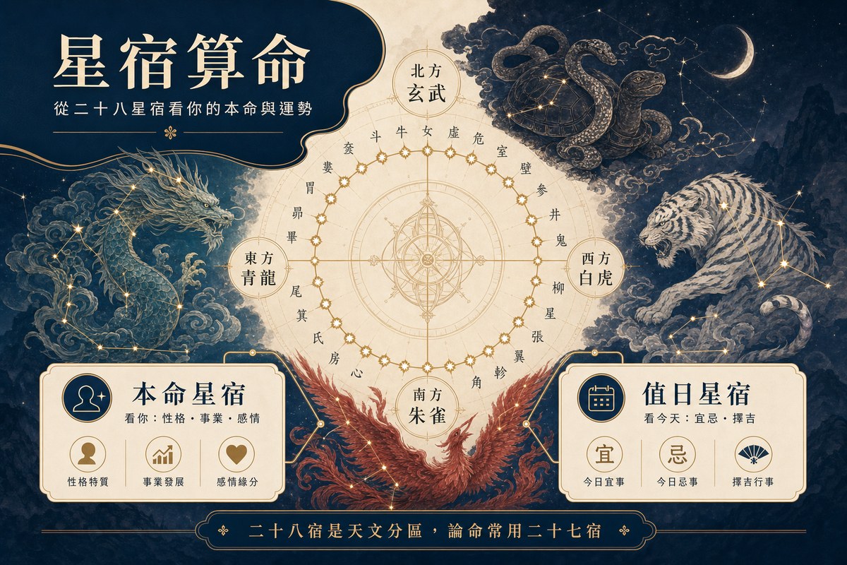星宿算命圖：中央為二十八星宿環形星盤，四周圍繞東方青龍、北方玄武、西方白虎、南方朱雀四象獸，左下解析本命星宿看性格事業感情，右下解說值日星宿看今日宜忌擇吉。