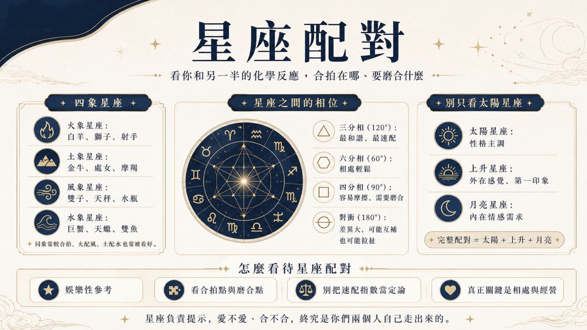 星座配對分析圖，介紹火象、土象、風象與水象星座特質，並透過星盤相位、太陽星座、上升星座和月亮星座判斷兩人的相處與磨合方式。