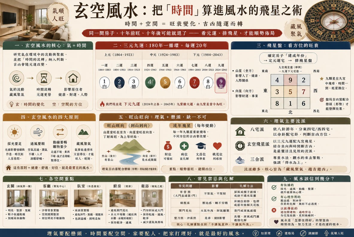 玄空風水入門:三元九運、飛星盤與住宅佈局 玄空風水知識圖,介紹三元九運、九宮飛星盤、旺山旺向與流年飛星,並整理玄關、客廳、臥室、廚房和衛浴的佈局重點與常見禁忌。