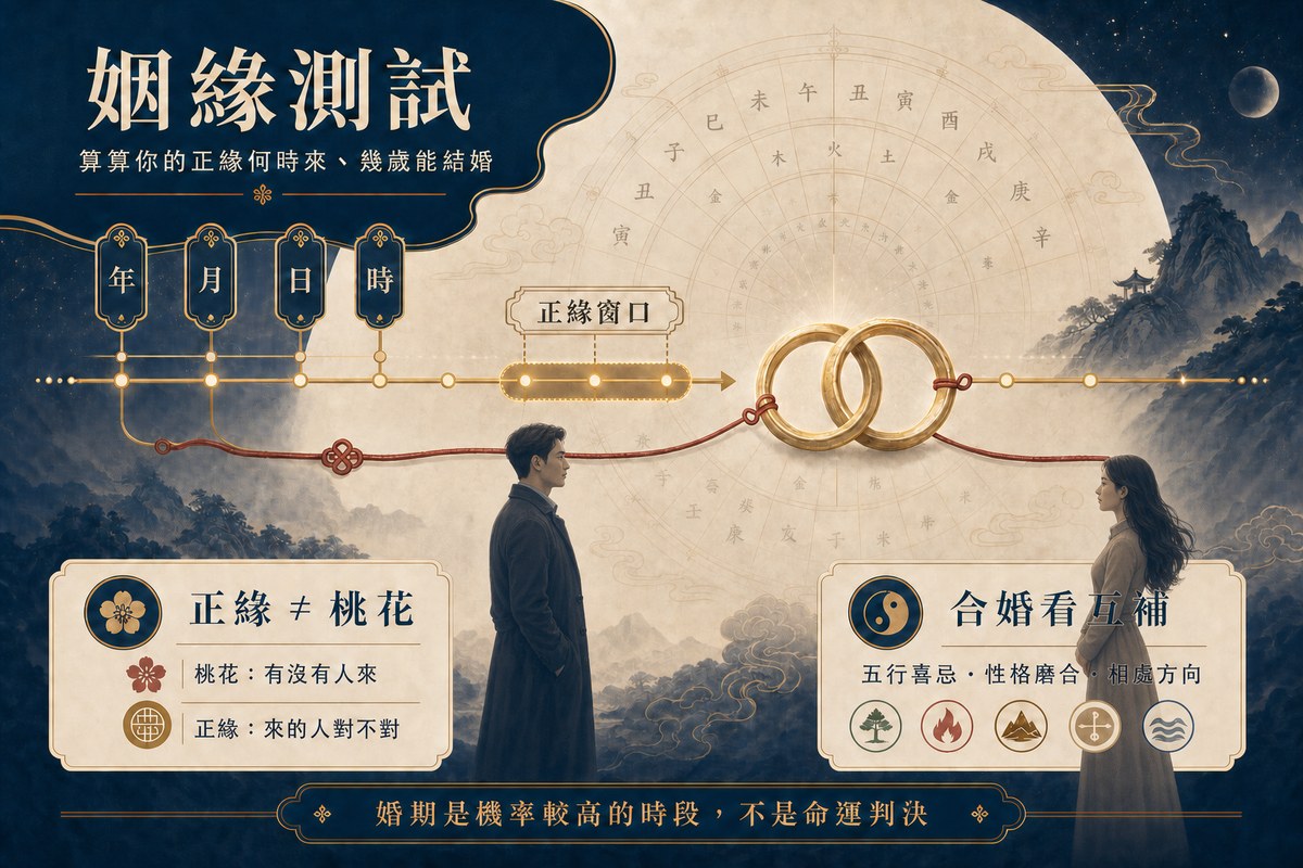 姻緣測試:算算你的正緣何時來,從八字婚期與合婚看命中註定 姻緣測試圖:一條紅線穿過雙囍對戒、連接時間軸上的正緣窗口,左下解析正緣與桃花的差別(桃花是有沒有人來、正緣是來的人對不對),右下說明八字合婚看五行喜忌互補與性格磨合。