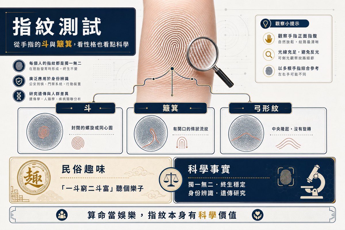 指紋測試:從手指的斗與簸箕看性格,融合民俗趣味與科學事實 指紋測試圖:放大鏡下的指紋,下方分解「斗」(封閉的螺旋或同心圓)、「簸箕」(有開口的條狀流紋)與「弓形紋」(中央隆起、沒有旋轉)的紋路特徵,並對比民俗趣味的「一斗窮二斗富」與身份辨識、遺傳研究等科學事實。