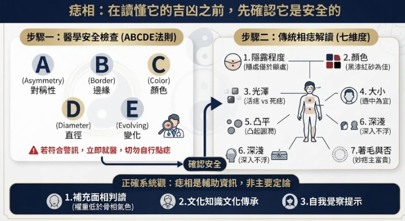 痣相安全指南:從醫學ABCDE法則到傳統相痣七維度 一張深藍與雅緻金配色的專業資訊圖表,左側清晰列出醫學自我檢查痣的ABCDE法則(不對稱、邊緣、顏色、直徑、變化),並以醒目紅色警語強調「自行點痣」的風險;右側則結構化呈現傳統相痣的核心原則(顯隱)與判斷痣好壞的七個維度(光澤、顏色、著毛與否等)。