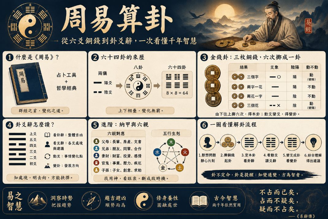 周易算卦入門:金錢卦、六十四卦與卦爻辭解析 周易算卦知識圖,介紹六十四卦的由來、三枚銅錢起卦方法、陰陽爻與動爻判定,以及結合卦辭、爻辭、六親和五行解讀卦象的流程。