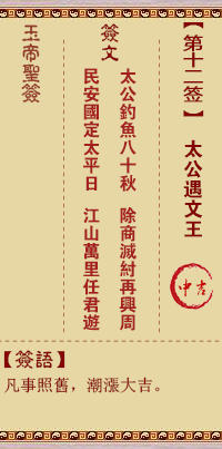 玉帝靈籤 第12籤:太公遇文王 中吉