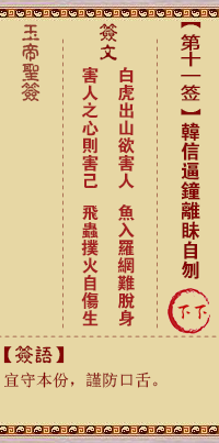 玉帝靈籤 第11籤:韓信逼鍾離眛自刎 下下