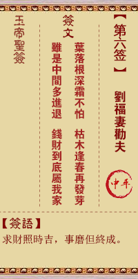 玉帝靈籤 第6籤:劉福妻勸夫 中平