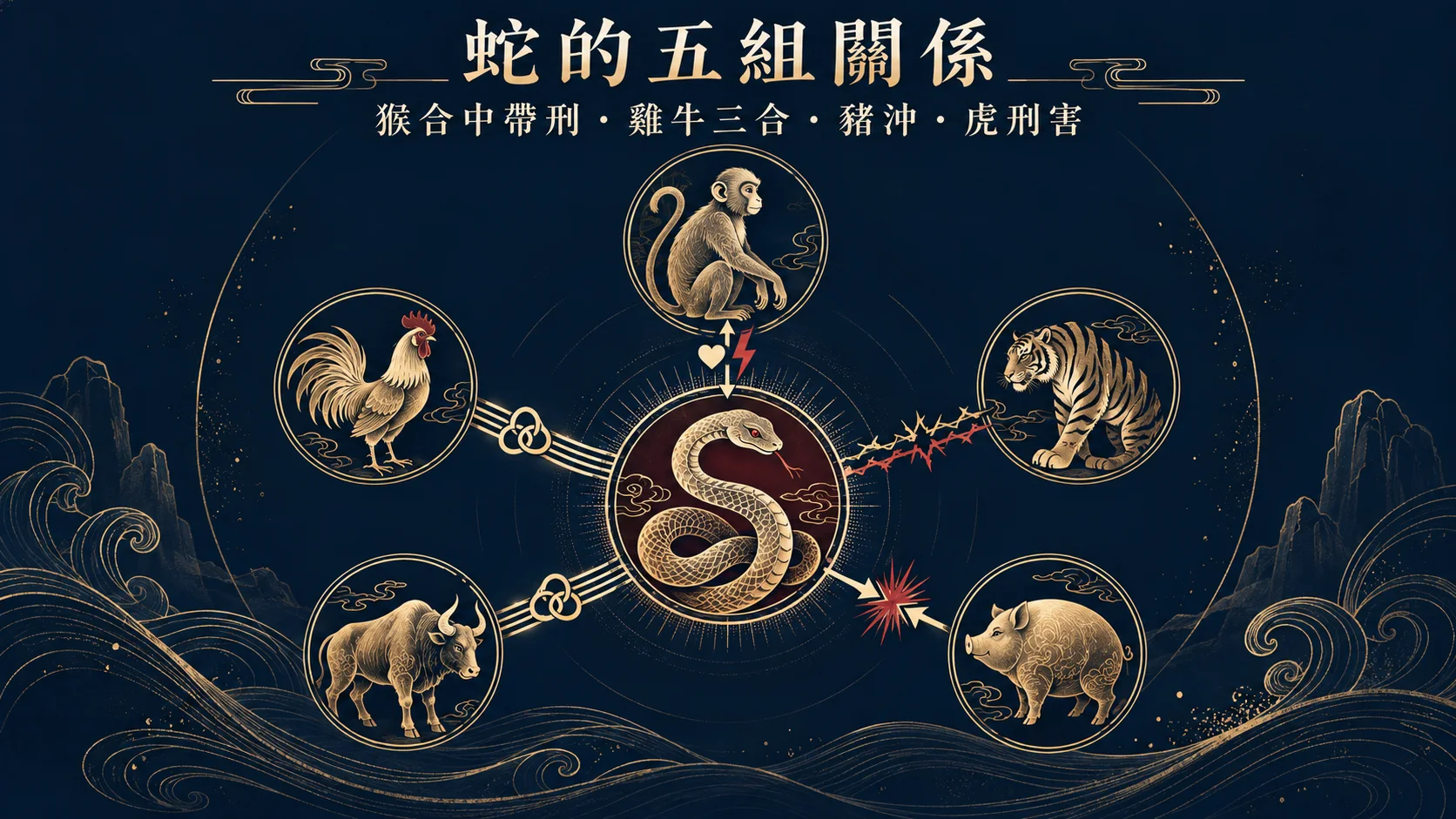 巳蛇與猴雞牛豬虎的六合三合六沖刑害關係