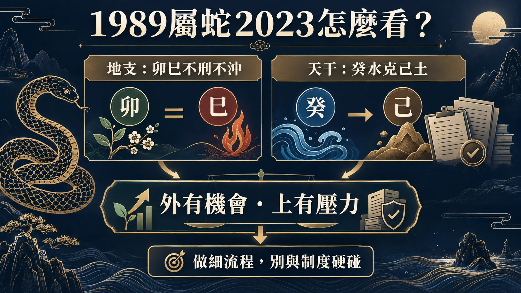 1989年屬蛇2023癸卯年地支中性天干水克土解析