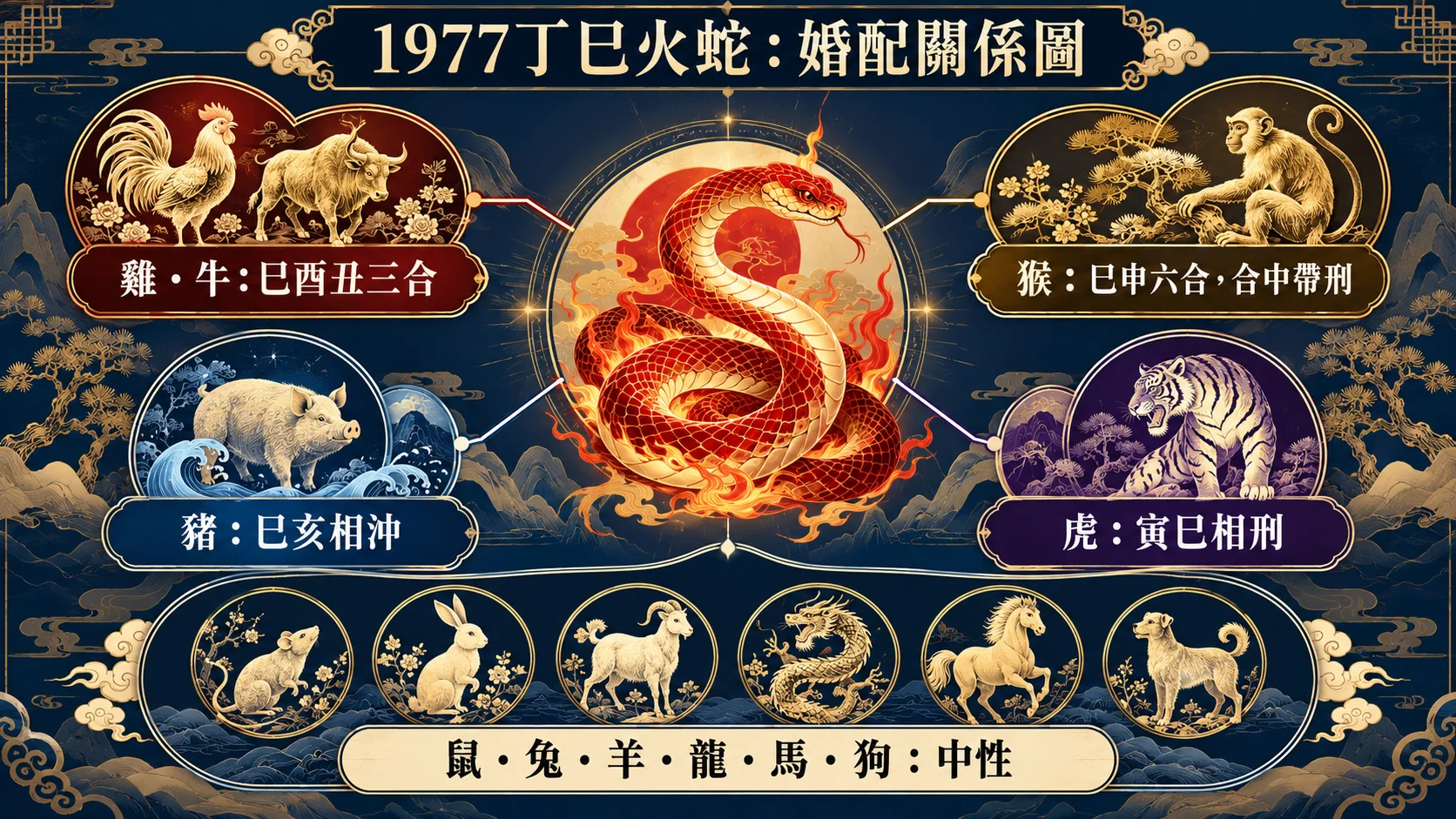 1977丁巳火蛇與雞牛猴豬虎生肖婚配關係圖