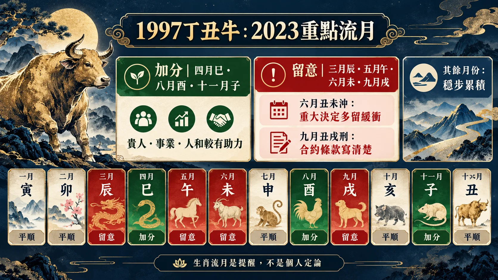 1997丁丑牛2023農曆加分與留意月份對照圖